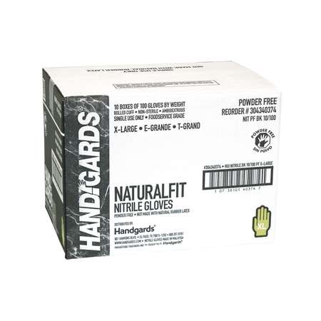 HANDGARDS NaturalFit, Nitrile Disposable Gloves, Nitrile, Powder-Free, XL, 1000 PK, Black 304340374